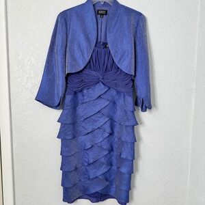 Adrianna Papell Occasions Womens‎ Blue Tiered Ruffle Shimmer Bolero Set Size 8